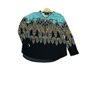 Bob Mackie Wearable Art Size M L Sleeve  Top Shirt Pull On  1/4 Zip Bright Color